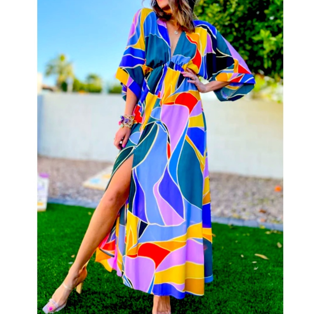 Beautiful multi color maxi with kimono sleeves